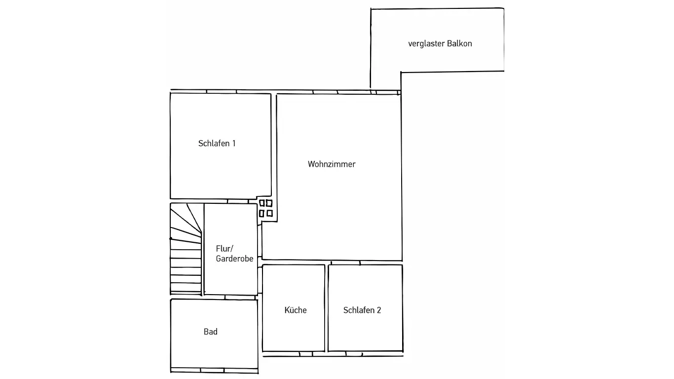 Grundriss einer Wohnung mit Schlafzimmer 1, Schlafzimmer 2, Wohnzimmer, Küche, Bad, Flur/Garderobe und verglastem Balkon.