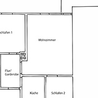 Grundriss eines Wohnbereichs mit den Räumen Schlafen 1, Wohnzimmer, Flur/Garderobe, Küche und Schlafen 2.